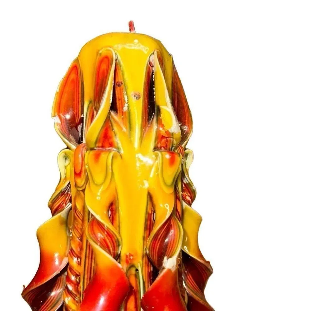 VINTAGE HAND CARVED CANDLE *RARE UNLIT layered 1970 yellow orange twirl fire